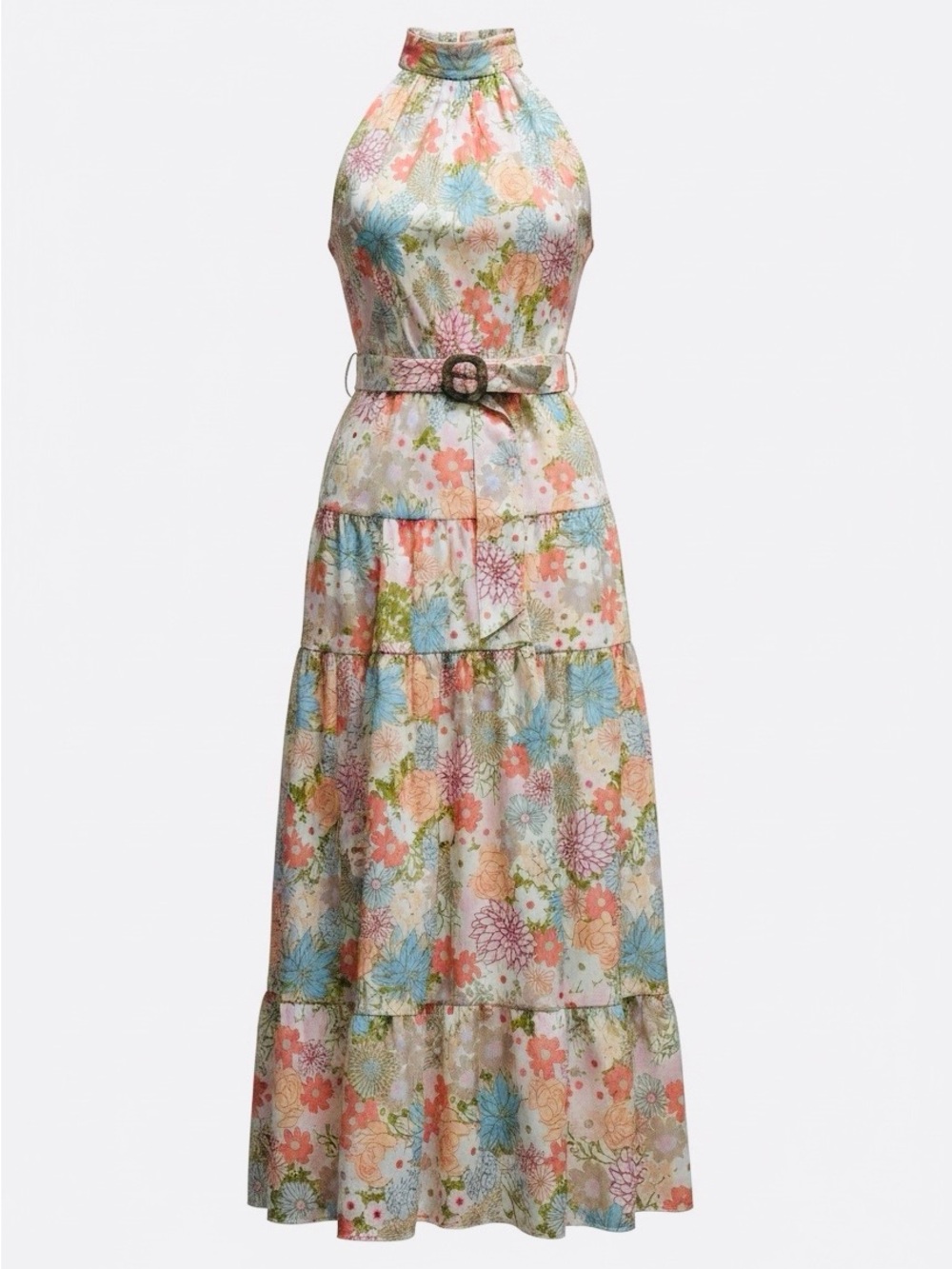 Taylor Floral Halter Tiered Maxi Dress - Coral, Blue, Green